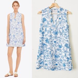 Tory Burch XS linen sleeveless tunic dress in white blue animal print